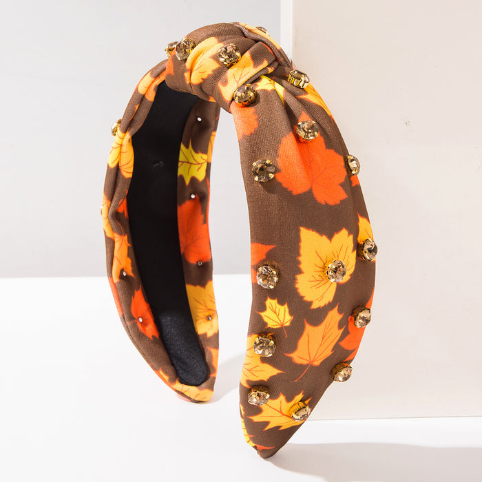 Wholesale Turkey Maple Leaf Rhinestone Printed Wide Edge Knot Hair Headband
