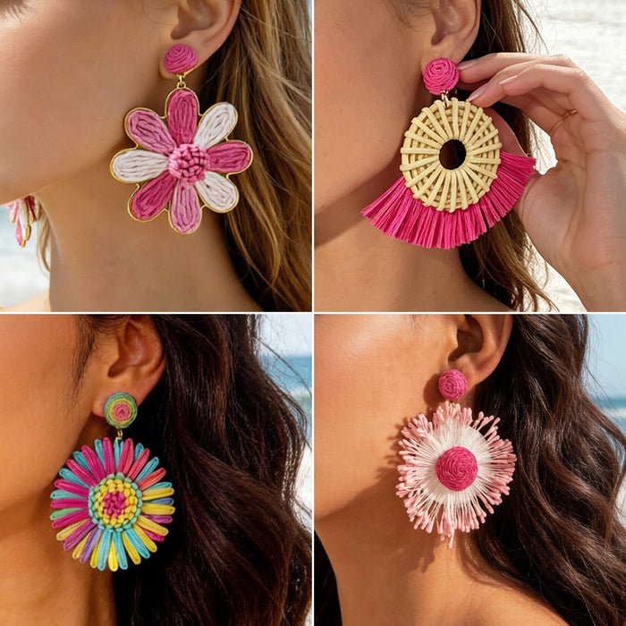 Wholesale Vacation Style Handmade Raffia Flower Earrings Red Jewelry Accessory MOQ≥5