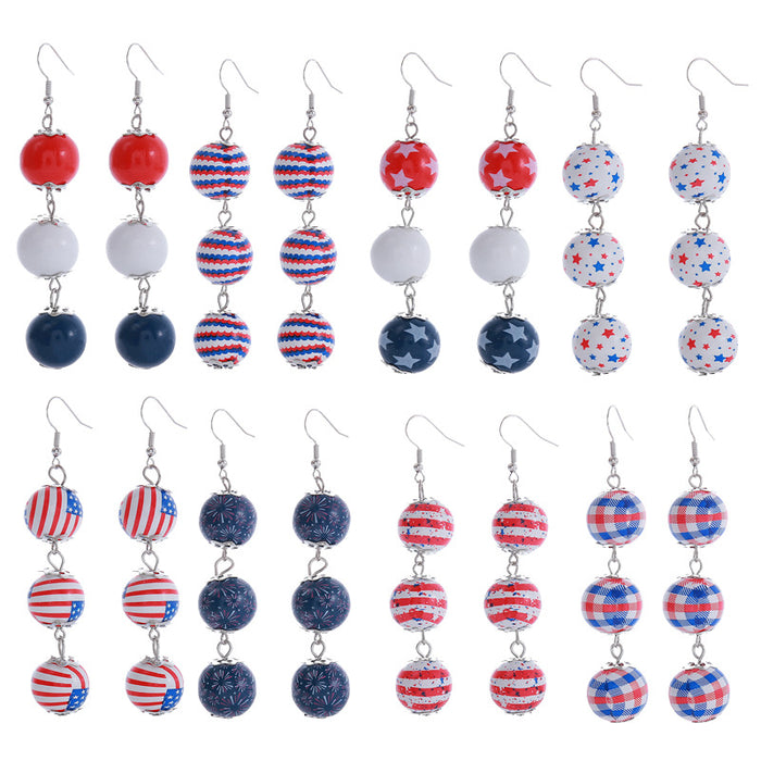 Wholesale American Independence Day Colorful Printed Flag Wooden Beads Long Round Bead Pendant Earrings JDC-ES-ChouTteng018