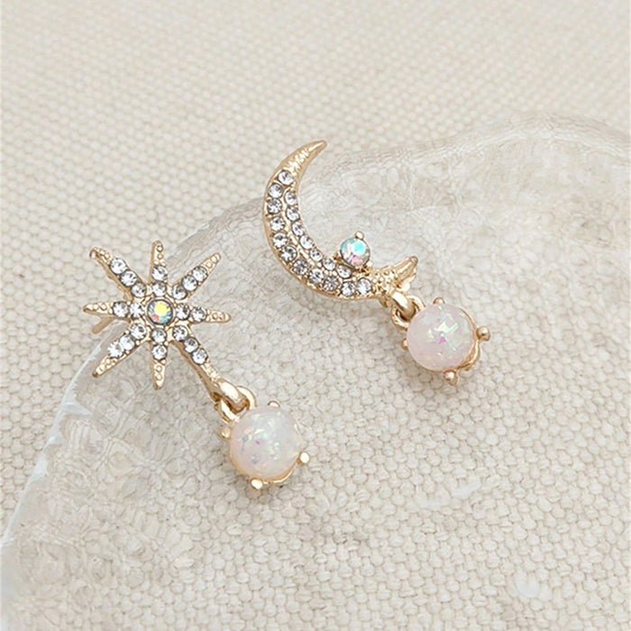 Wholesale Moon Sun Asymmetric Diamond studded Opal Sparkling Alloy Earrings