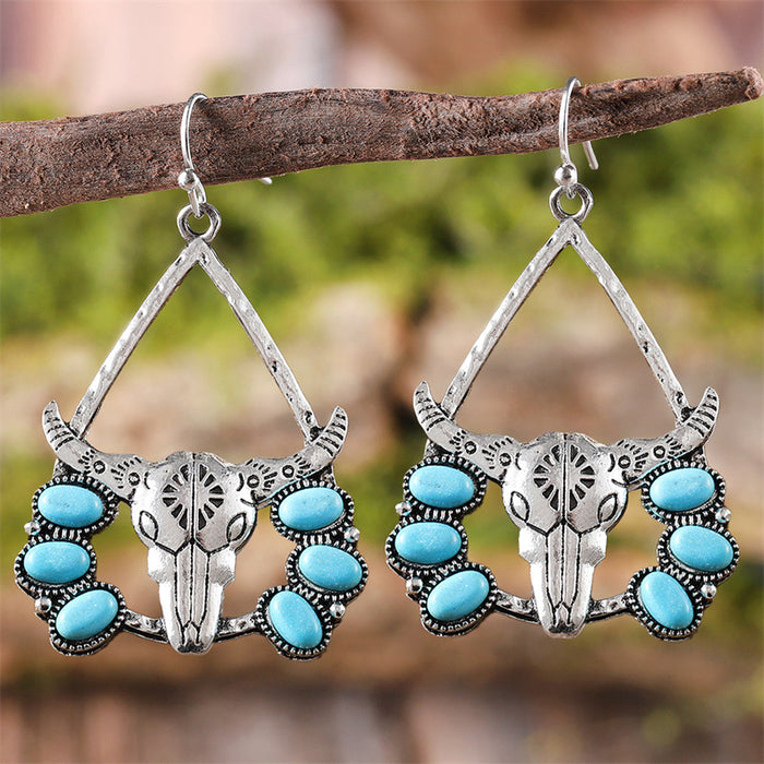 Wholesale Western style bull head tribal turquoise earrings exaggerated retro ethnic style earrings temperament earrings