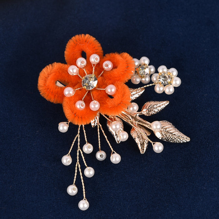 Wholesale Original handmade flower pearl leaf hair clip, multi-color plush duckbill clip