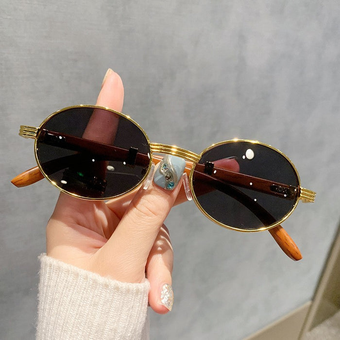 Wholesale  vintage imitation wood grain sunglasses men's oval sunglasses women's trendy  UV protection