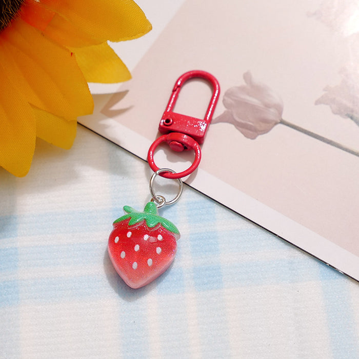 Wholesale Resin Fruit Keychain Trendy Pink Dragon Fruit Strawberry Key Ring Cute Backpack Pendant MOQ≥2