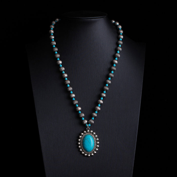 Wholesale Retro ethnic style turquoise necklace Western cowboy style stacking necklace high-end Bohemian sweater chain
