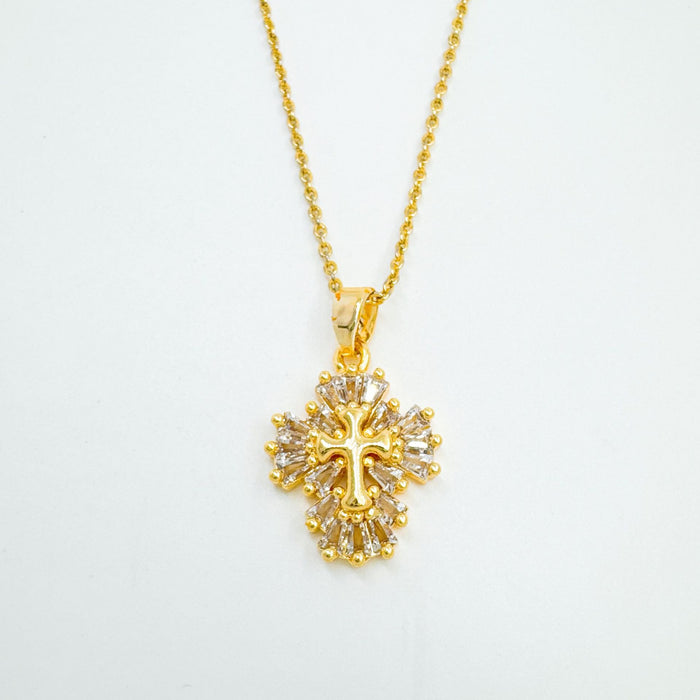 Wholesale Rock Sugar Cross Necklace Gold Plated Copper Fashion Accessory