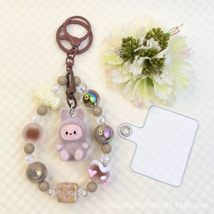 Wholesale Flocking sitting funny colorful beaded mobile phone chain keychain bag doll pendant accessories