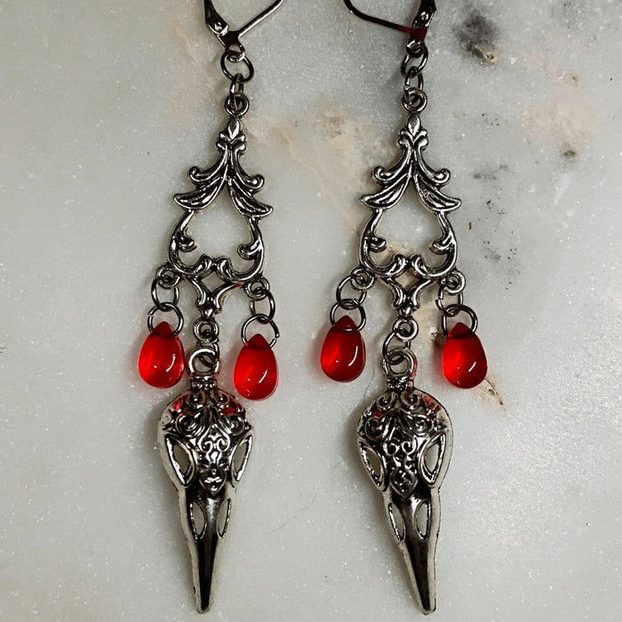Wholesale Gothic Skull Crow Red Teardrop Dangle Earrings Dark  Party Jewelry Fashion Accessory Boutique Resale