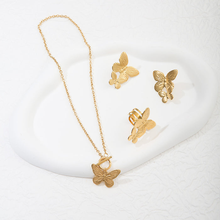 Wholesale Exaggerated personality stainless steel butterfly necklace ring earring set
