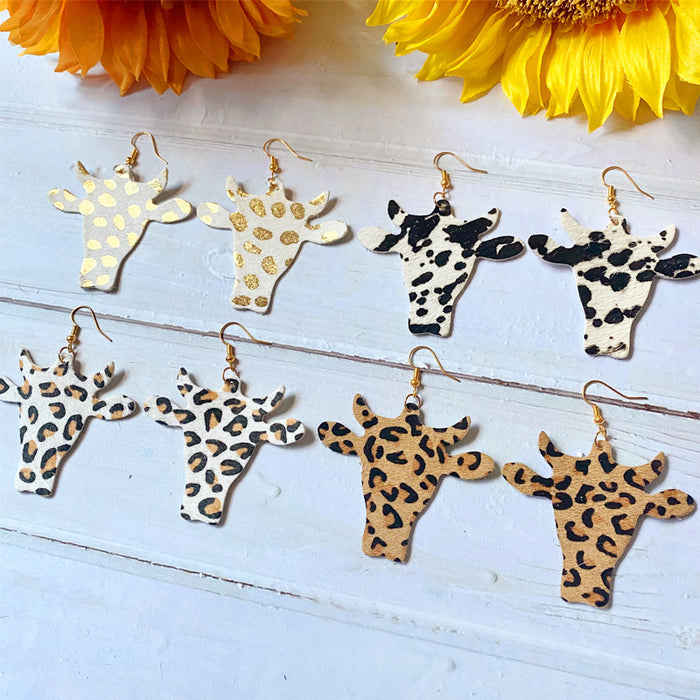 Wholesale Western retro earrings cow' s head leopard dairy cow print genuine leather horse hair denim earrings