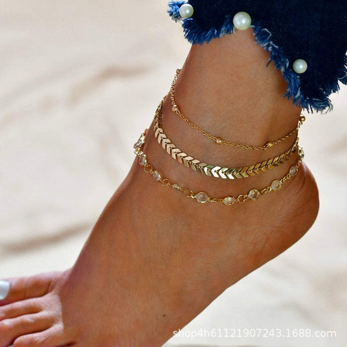 Wholesale Beach multi-layer zircon leaves, octagonal pearl ankle chain, sun moon star pattern jewelry