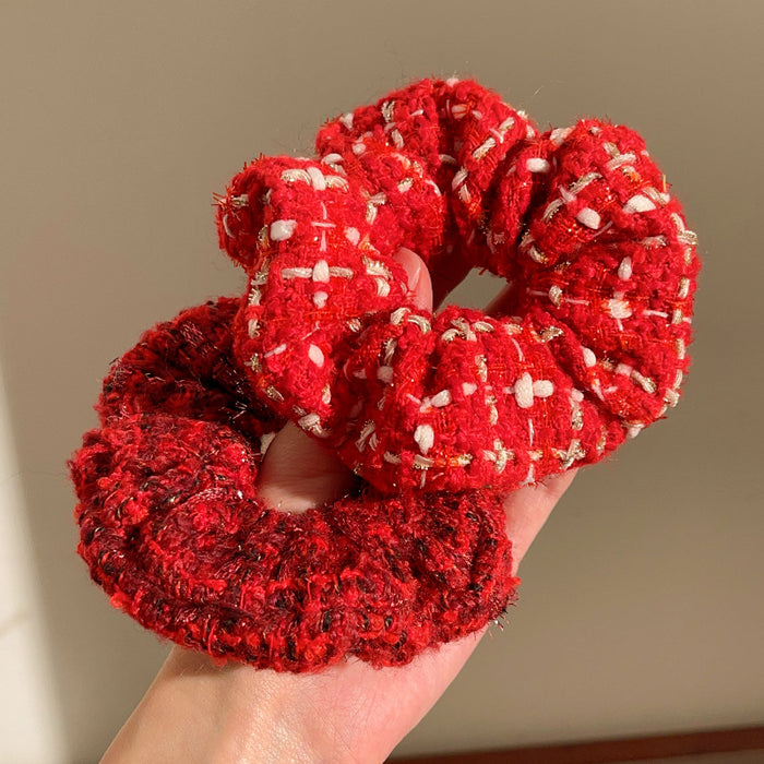 Wholesale New Year red large intestine hair ring New Year festive wool hair ring knitted rainbow light luxury hair rope hair ring