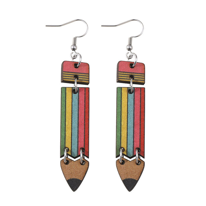 Wholesale Teaching learning rainbow pencil double-sided wooden earrings graduation season back to school season student teacher earrings