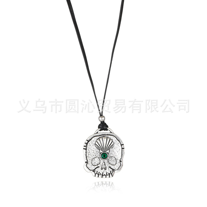 Wholesale Personalized skull pendant necklace adjustable long black leather rope sweater chain