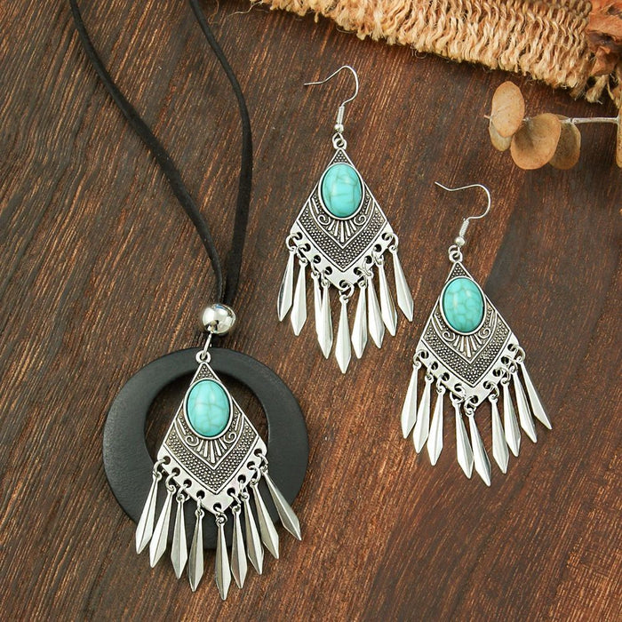 Wholesale Ethnic Geometric Antique Silver Alloy Earring Necklace Set - 4 Styles MOQ≥2