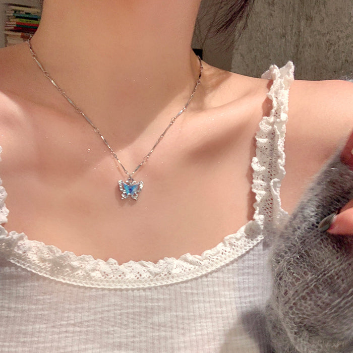 Wholesale Double layered blue butterfly zircon necklace with a luxurious and high-end feel, collarbone chain, fashionable design, niche