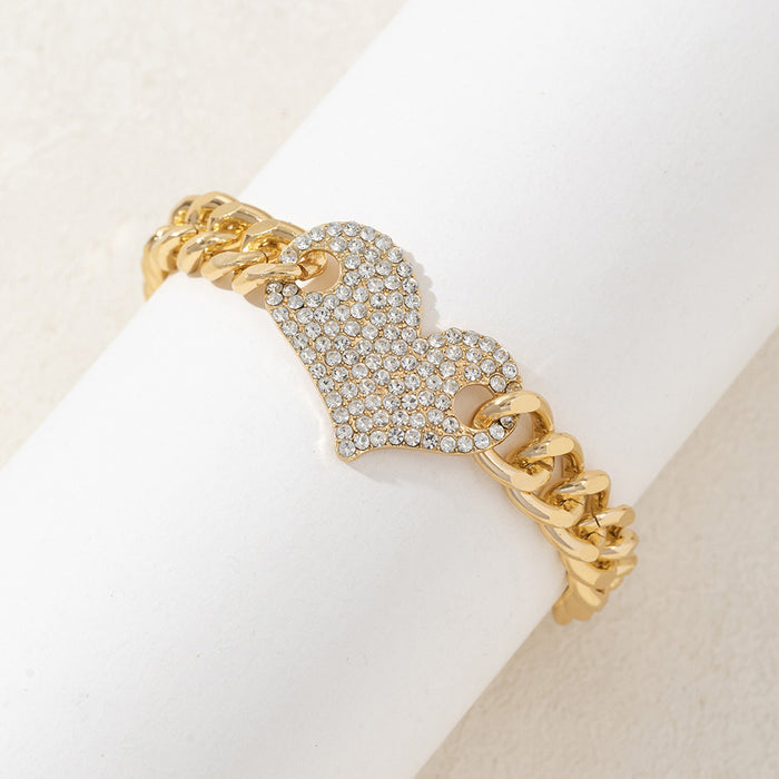 Wholesale New Fashion Alloy Diamond Inlaid Love Cuban Bracelet Light Luxury Versatile Peach Heart Handmade Bracelet