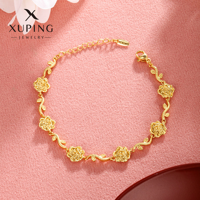 Wholesale Copper Alloy Gold Plated Frosted Flower Branch Rose Bracelet JDC-BT-XP007