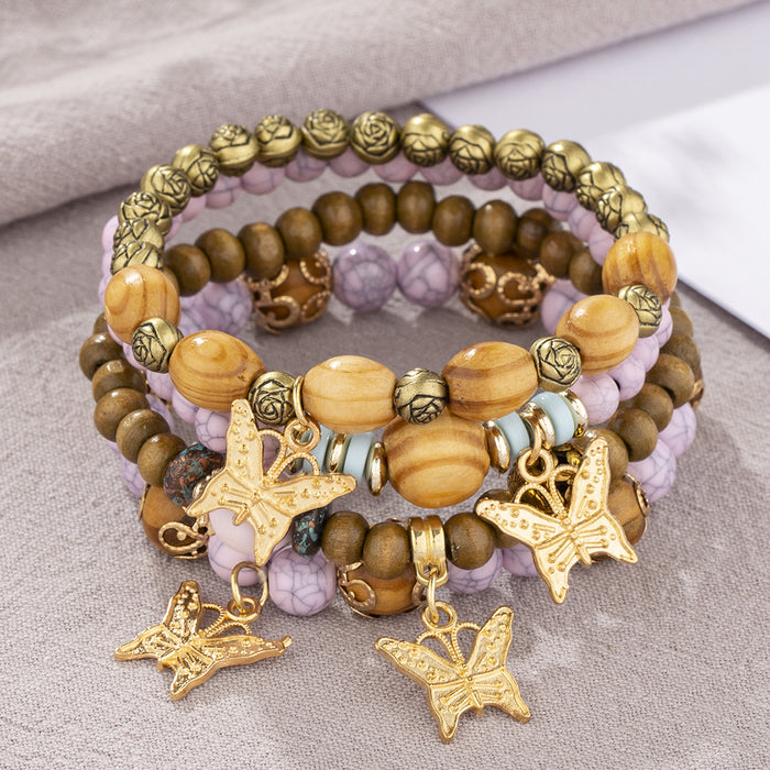 Wholesale Boho Style Multi-Layered Wood Beads Beaded Butterfly Pendant Bracelet JDC-BT-FeiYa006