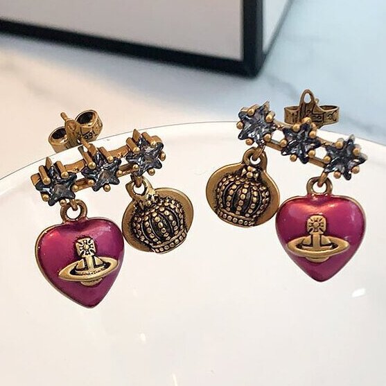 Wholesale Women's Heart Earrings Star Stud Earrings with Enamel Saturn Pendant