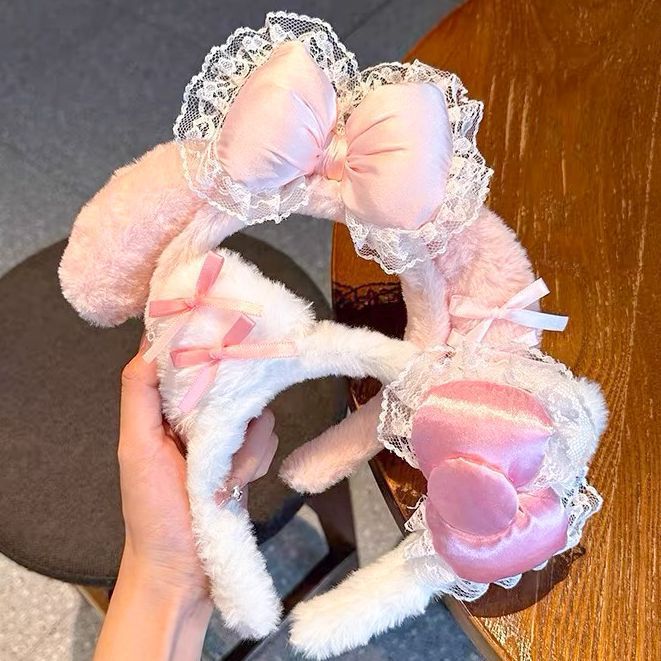 Wholesale Cute Bow Lace Plush Rabbit Ear Hair Band Women Wash Face Hair Band