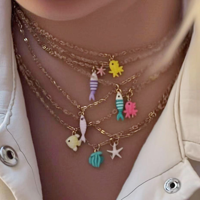 Wholesale Stainless steel necklace with ocean elements, starfish pendant, handmade oil dripping jewelry, fashionable