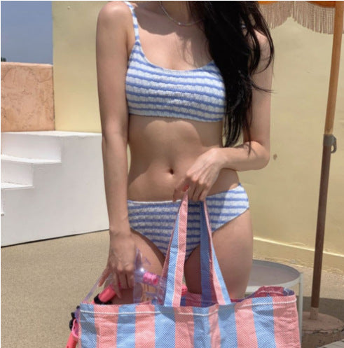 Wholesale Bikini retro striped shoulder strap split swimsuit