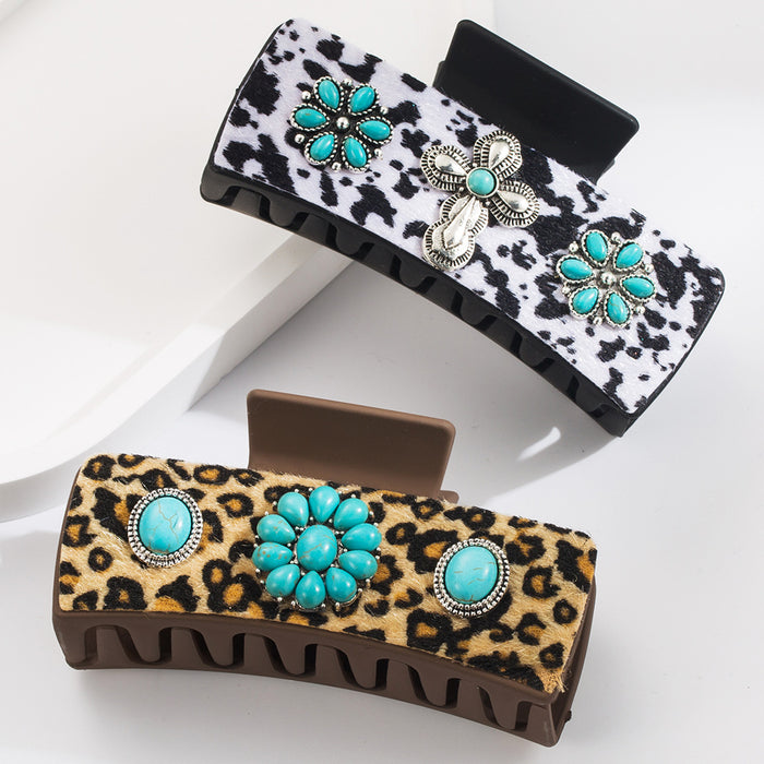 Wholesale Hairpin Leopard Shark Clip Alloy Turquoise Accessories Vintage Leopard Leather Clip Trendy Hair Accessories