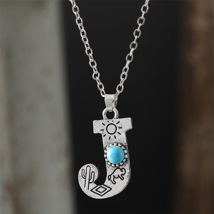 Wholesale 2pcs Retro 26 English Letter Turquoise Necklace