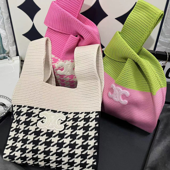 Wholesale Color Block Houndstooth Logo Knitted Cotton and Linen Shoulder Handbag (F) JDC-HB-WanQ001