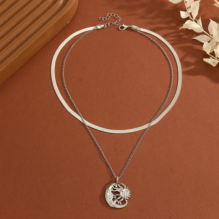 Wholesale Fashion and minimalist accessories, sun and moon disc pendant necklace, personalized multi-layer layered collarbone chain