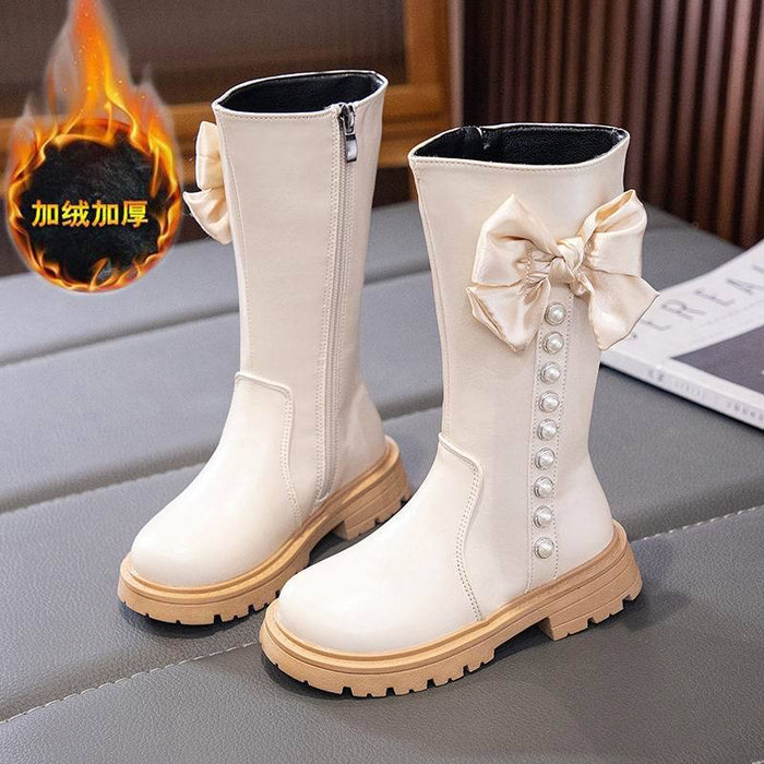 Wholesale A Pair/ Children's Fashionable Princess Bow Pearl and Velvet Warm High Top Cotton Boots JDC-KS-SB005