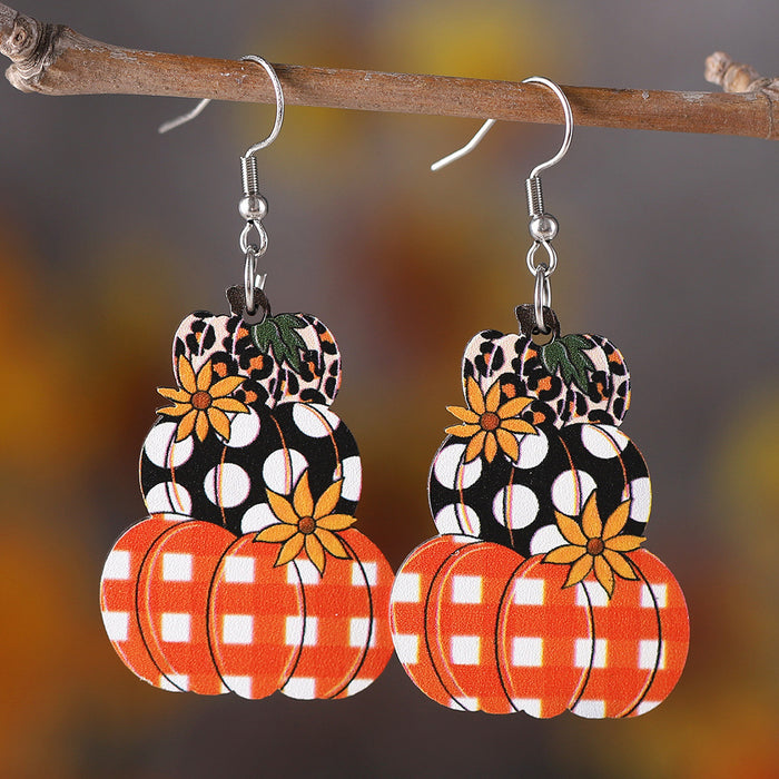 Wholesale Thanksgiving Autumn Harvest Polka Dot Plaid Pumpkin Flower Pendant Wooden Earrings JDC-ES-WenT023