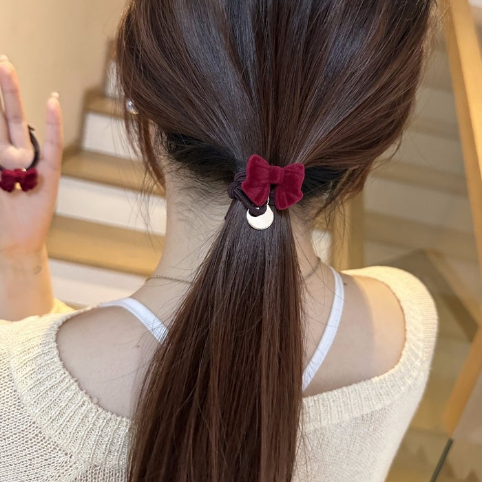 Wholesale elegant atmosphere wine red flocking bow hair rope hair accessories hair rope high elastic rubber band