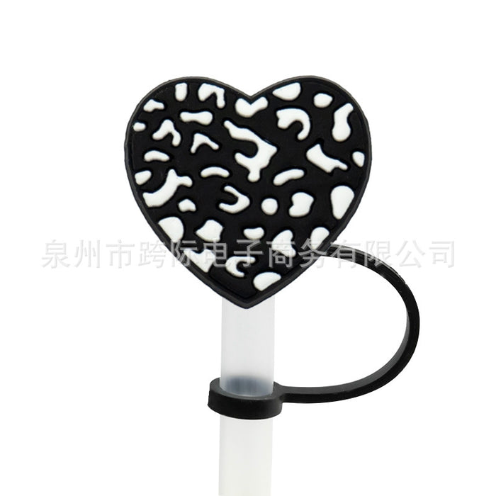Wholesale New Love Leopard Pattern Straw Cover Straw Cap Silicone Dustproof Stopper Cute Anime Party Straw Decoration Cross border Product