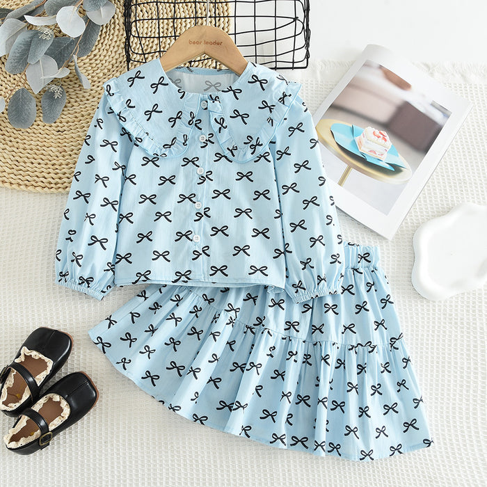 Wholesale Long Sleeve Printed Babydoll Skirt Bowknot Children's Suit JDC-CTS-DuoEr005