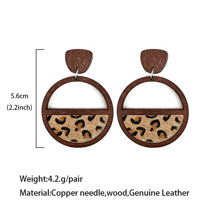 Wholesale Western genuine leather earrings geometric ing hollow inlaid leopard print classic exaggerated earrings