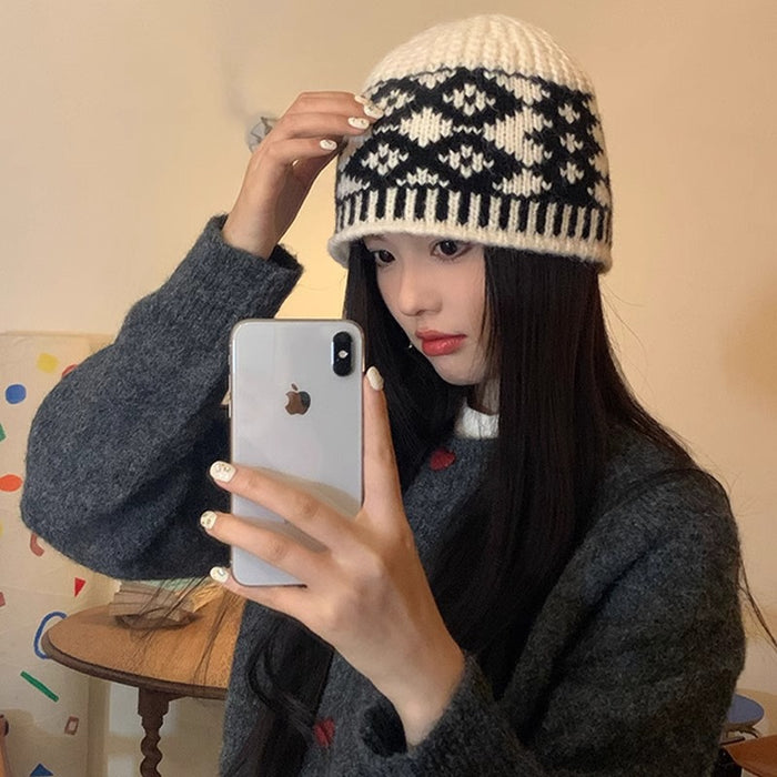 Wholesale Plaid Fisherman Hat Women's Autumn and Winter Face Small All-match Color Matching Big Head Wool Knitted Hat