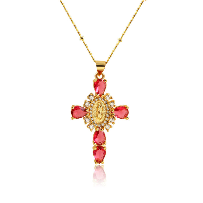 Wholesale Copper Gold Plated Micro-Inlaid Zircon Our Lady Cross Pendant Necklace JDC-NE-BaiTian007