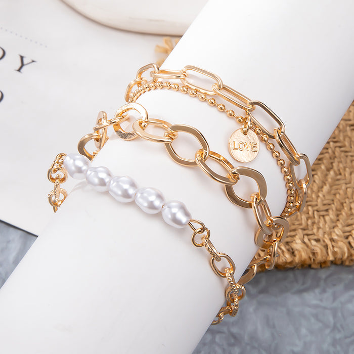 Wholesale Pearl Gold Medal LOVE Large Chain Multi-layer Adjustable 3-piece Alloy Bracelet JDC-BT-KeR007