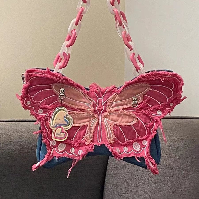 Wholesale Red Butterfly Acrylic Chain Denim Crossbody Bag JDC-SD-HuiHua002