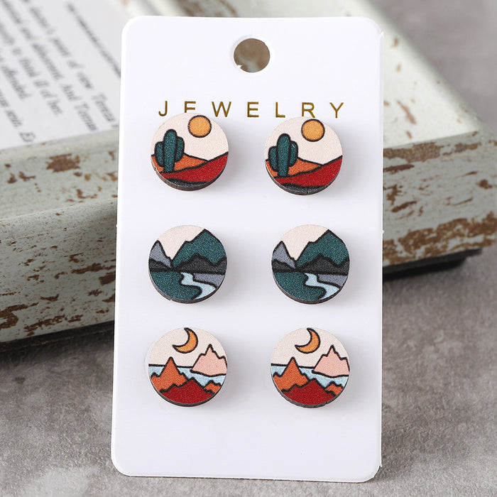 Wholesale Bohemian Abstract Sun Mountains Rivers Simple Scenery Earrings Set Wooden Earrings Gift