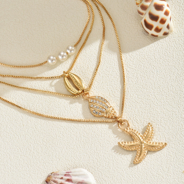 Wholesale Alloy conch starfish pendant necklace, layered pearl necklace, light luxury niche accessory
