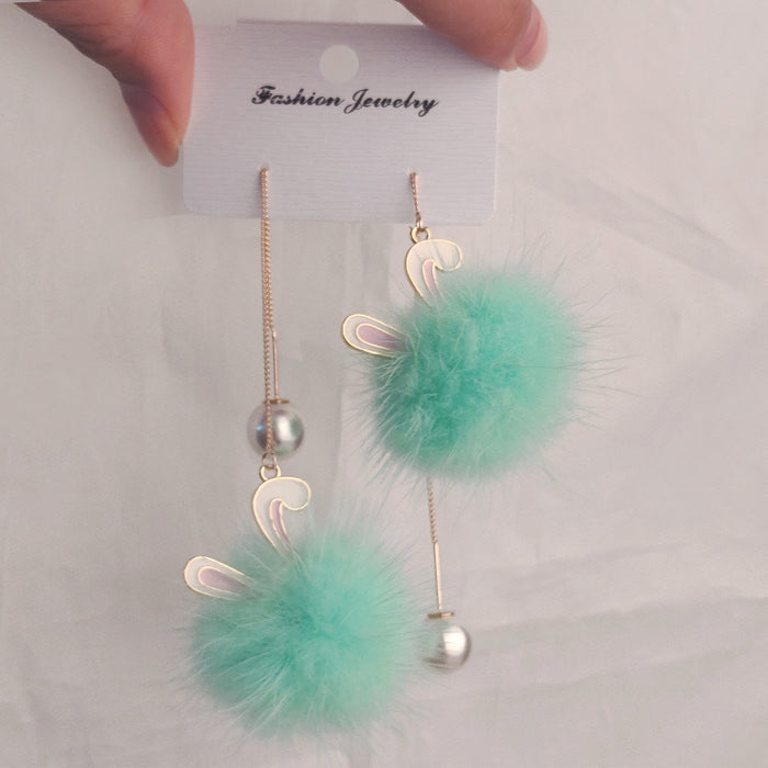 Wholesale Cute  Rabbit Mink Hair Ball Long Earrings Tassel Plush Earrings