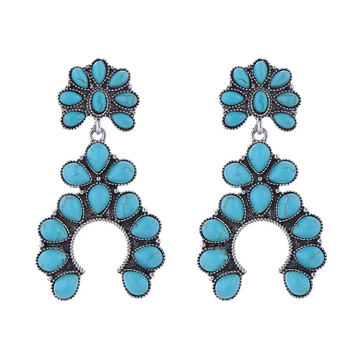 Wholesale Retro fan-shaped turquoise openwork statement earrings