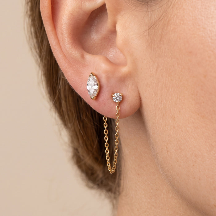 Wholesale Stainless Steel Gold PVD Geometric Chain Tassel Earrings Rhinestone Marquise Design Fashion Accessory For Boutique Resale