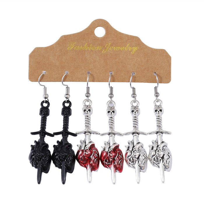 Wholesale Drip Oil Gothic Skull Earrings Set Sword Piercing Heart  Party Accessory