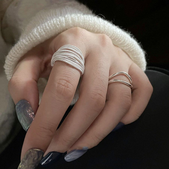 Wholesale Handmade layered silver ring with multiple layers of strands, exaggerated layering, cold style, diamond