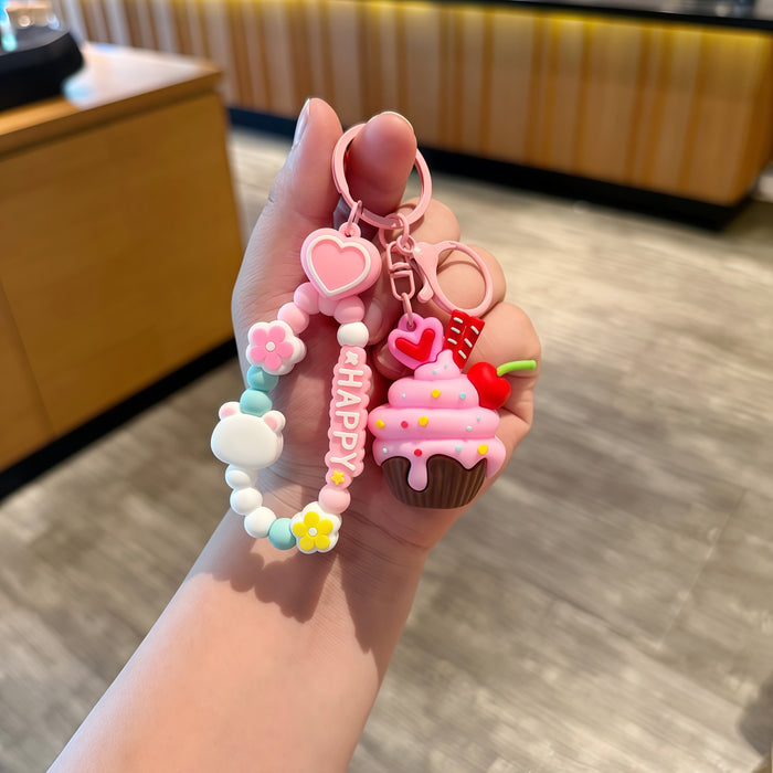 Wholesale PVC Ice Cream Cone Keychain With Love Rope Cartoon Bag Charm For Junior Gift