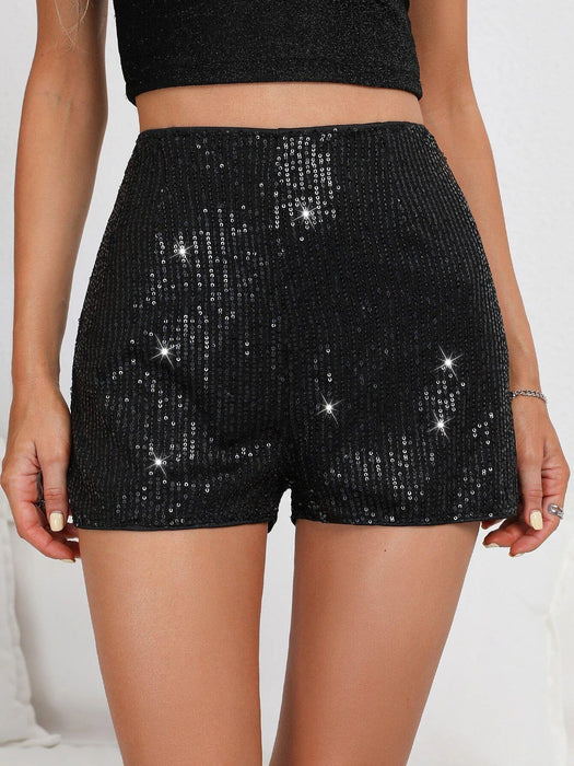 Wholesale Amazon independent station fashion elastic sequined shorts hot pants sequined solid color black mid-waist sexy straight shorts
